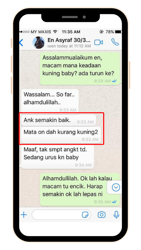 Maklum balas pelanggan Tomel Baby melalui WhatsApp tentang pengalaman perkhidmatan